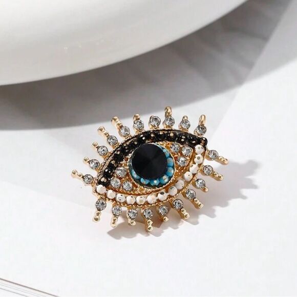 Vintage Inspired Elegant Gold Tone Evil Eye Brooch, Jewel & Pearl accent… - Picture 1 of 3